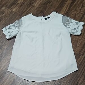 Lulu's White Blouse with Lace Sleeves, Size Medium